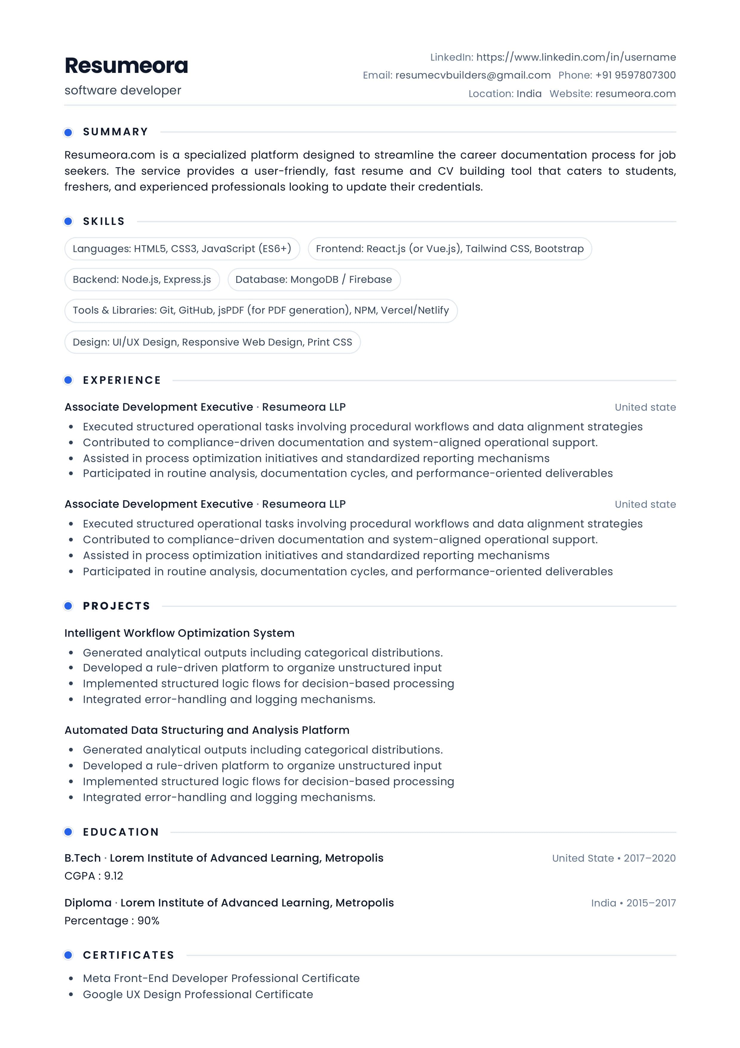 Professional ATS-Optimized Resume Template from Resumeora